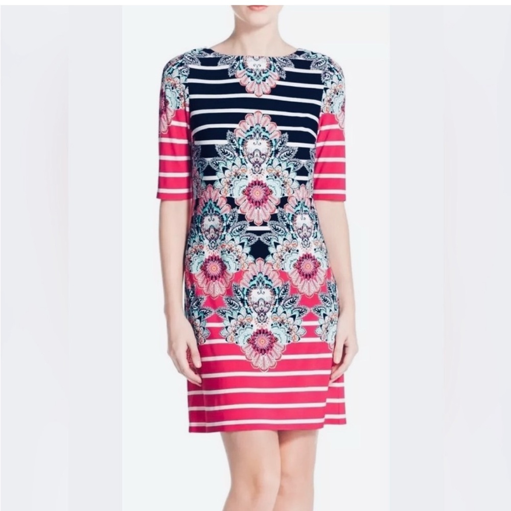 Eliza J Striped Floral Print Shift Dress Women Sz 12 Feminine